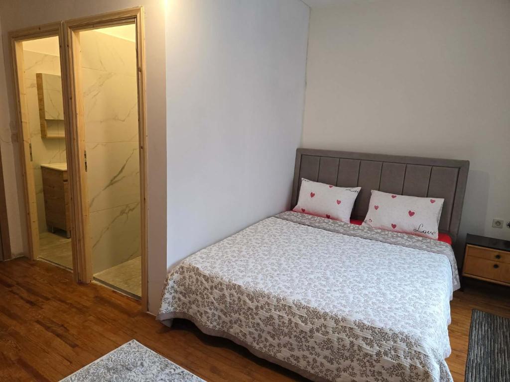 a bedroom with a bed with pink pillows and a mirror at Quite room double bed in Florina