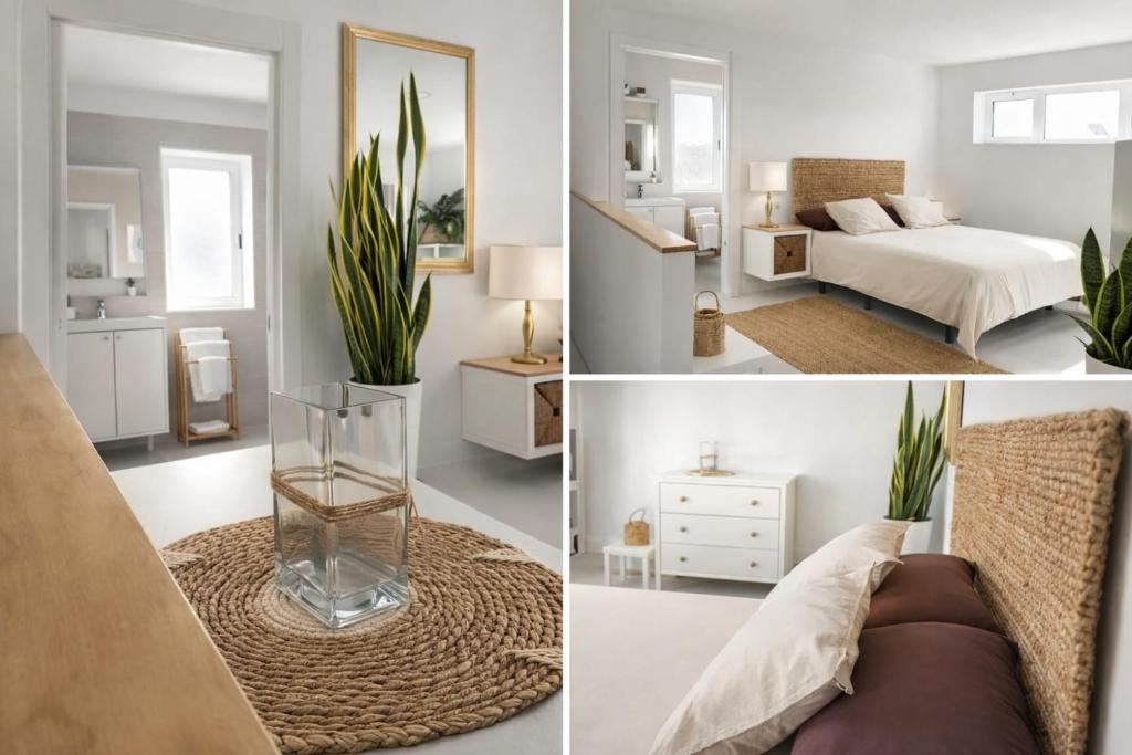 a collage of pictures of a bedroom with a bed and a vase at El Timón in La Santa