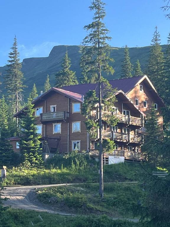 a large log house in the middle of a forest at Alpin Eco Chalet & Wellness in Dragobrat