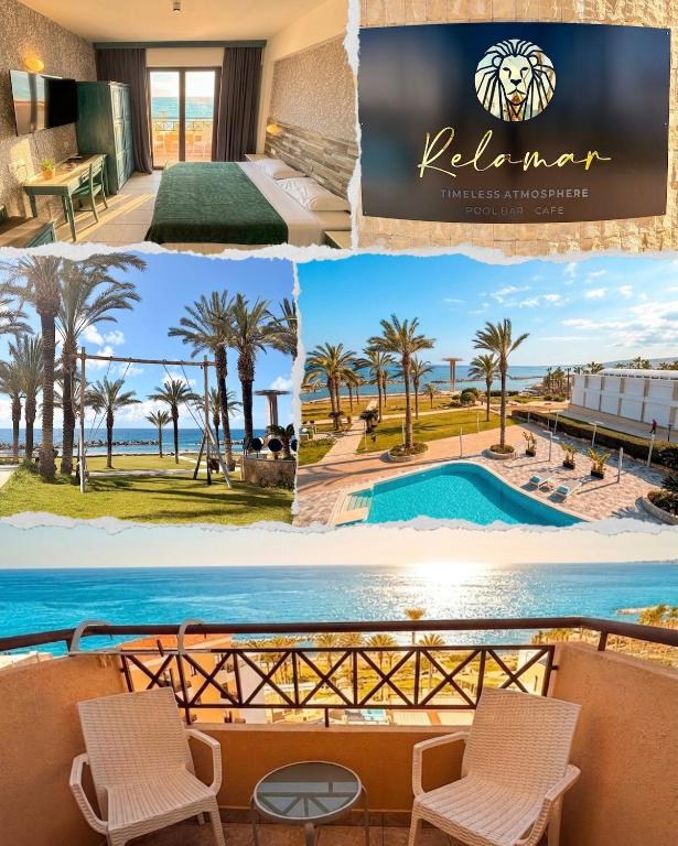 a collage of photos of a resort with a pool at Traumhaftes Studio mit Meerblick & Pool in Khlorakas