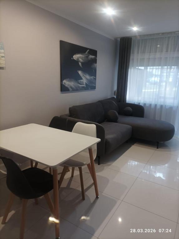 a living room with a couch and a table at Blue Mare Hebe Apartament in Łukęcin