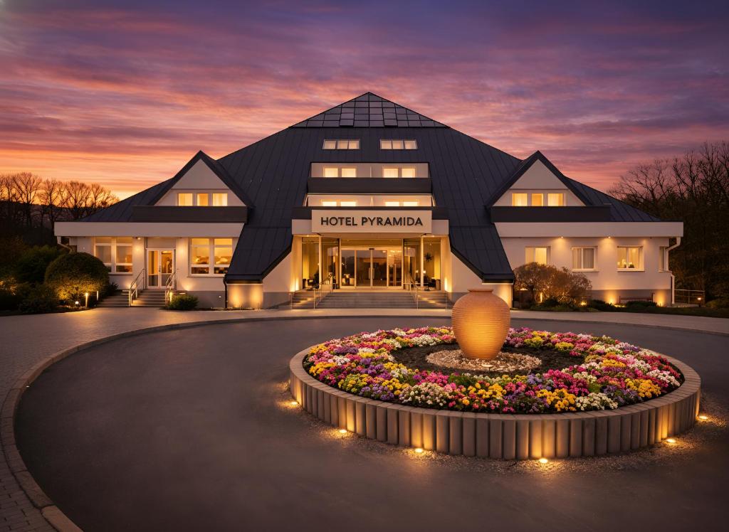 a building with a flower clock in front of it at Lázeňský hotel Pyramida in Františkovy Lázně