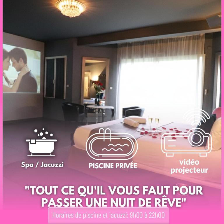 a poster of a hotel room with a bed and a tv at Luxury & Love - Indoor Swimming Pool & Cinema Room in Chelles