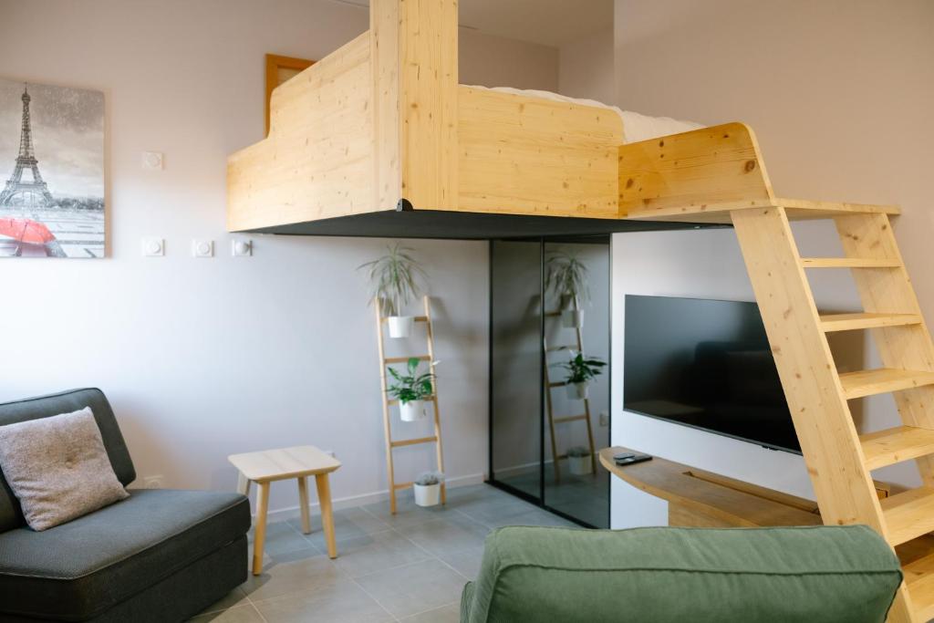 a living room with a loft bed and a tv at Le Studio de l 'Avenue 1 à 3 Personnes in Valence
