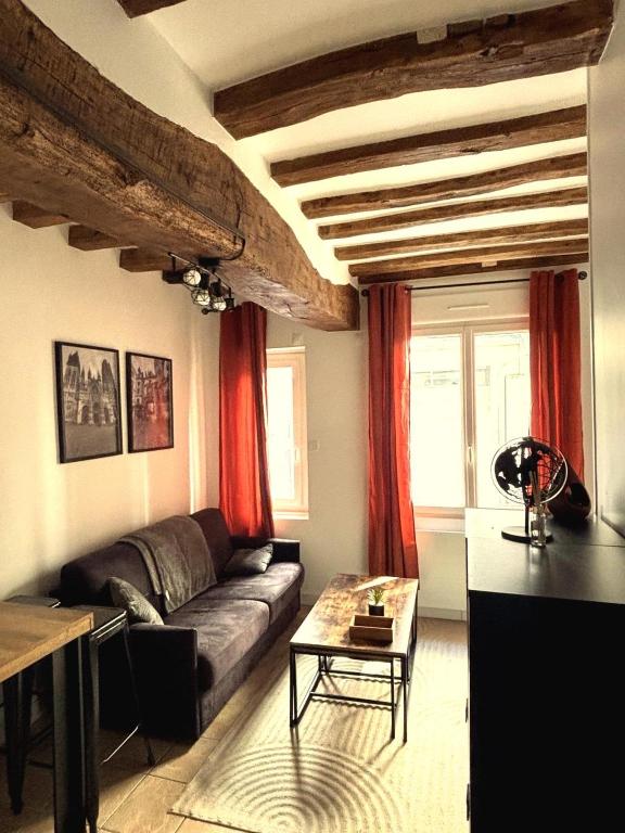 a living room with a couch and a table at charmant appartement 4 pers hyper centre, au calme in Rouen
