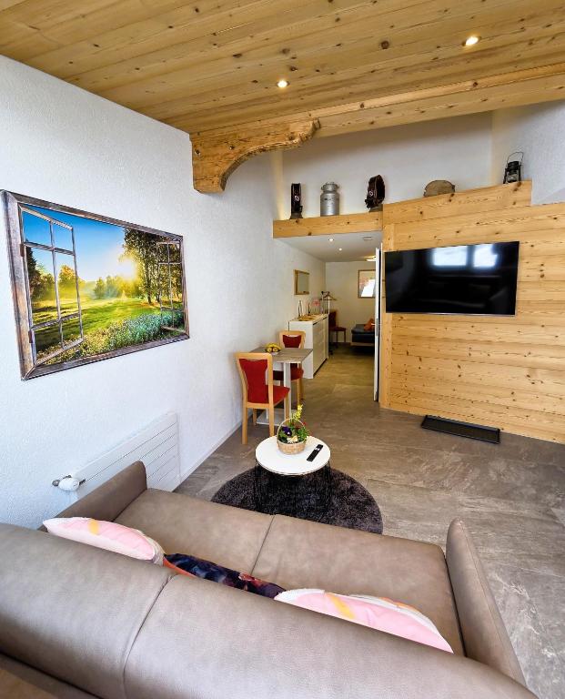 a living room with a couch and a flat screen tv at Lilo's one-room apartment in Beatenberg