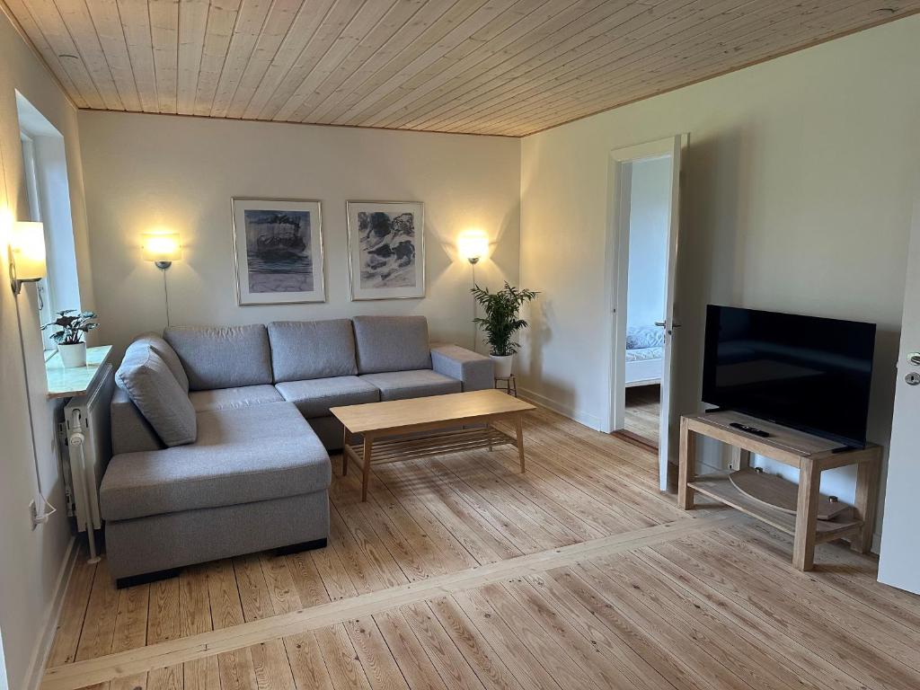 ein Wohnzimmer mit Sofa und Fernseher in der Unterkunft Dejrupvej in Ovtrup