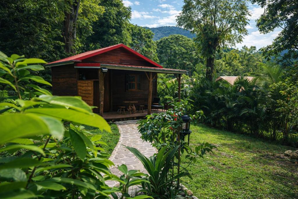 a small cabin in the middle of a garden at Bungalow le Balisier in Pointe-Noire