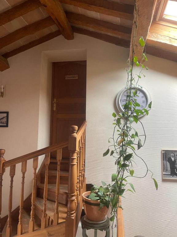 a staircase with a potted plant next to a door at Chez Papi in Bazus