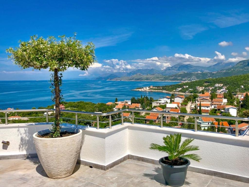 a balcony with two potted plants and the ocean at Apartmani Minna Alim in Utjeha
