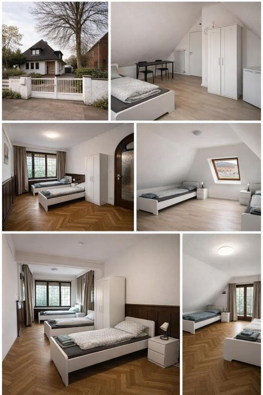 four images of a bedroom with beds and a house at BH Haus in Bremerhaven
