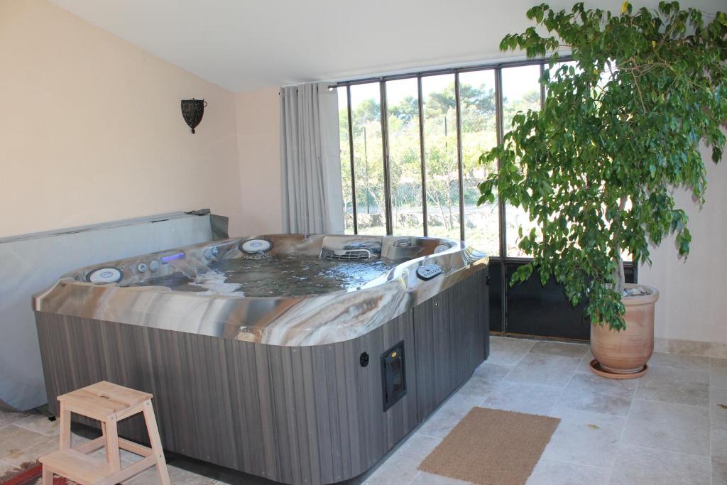 a large hot tub in a room with a window at Lapauline FR5BZEVA in La Motte-dʼAigues