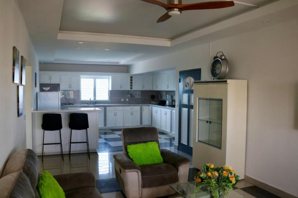 a kitchen with a couch and chairs in a living room at Grapes of Grace in Baie Nettle