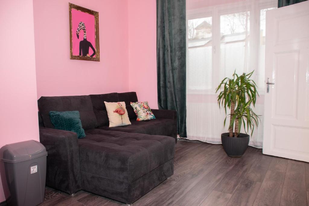 a living room with a brown couch and a pink wall at Flamingo Rezidencia Apartman in Eger