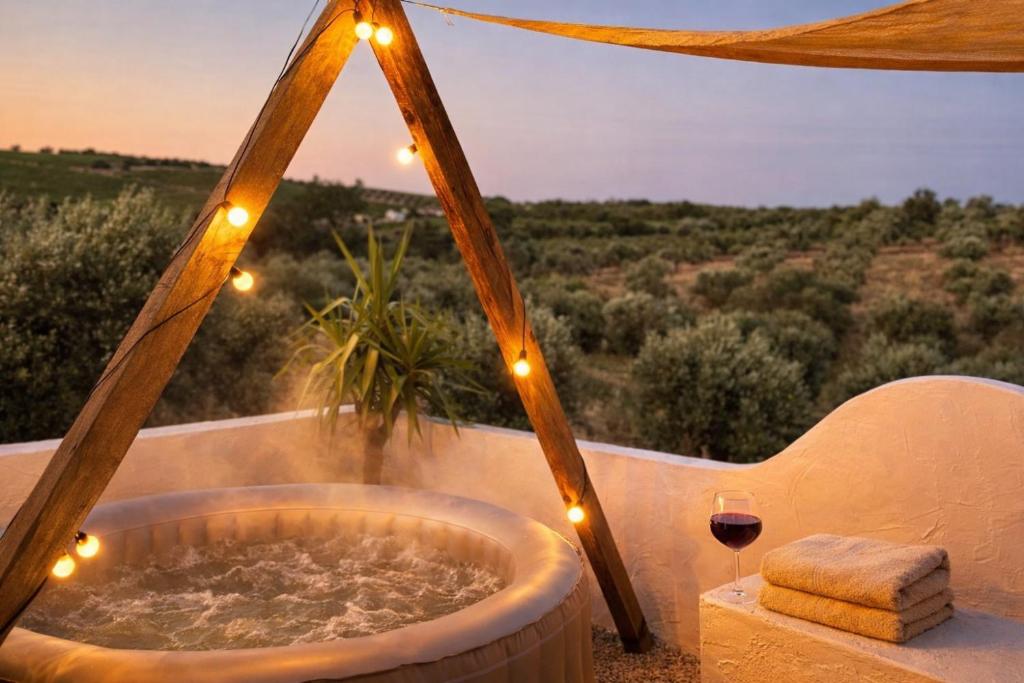 a bath tub with a glass of wine and a view at Muralhas do frade in São Pedro do Corval