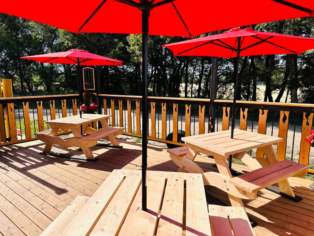 two picnic tables and red umbrellas on a deck at Theodore Motor Hotel in Theodore