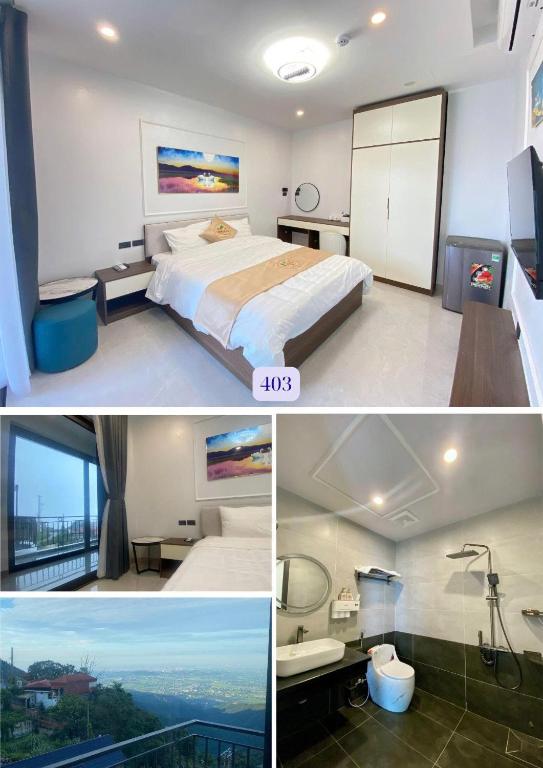 a hotel room with a bed and a bathroom at Time Villa in Tam Ðảo