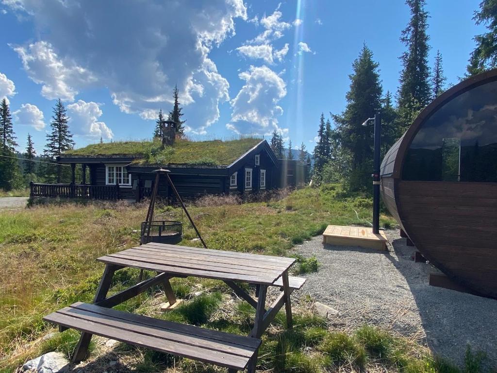 a wooden bench with a house with a grass roof at Synnfjell hytta in Nord Torpa