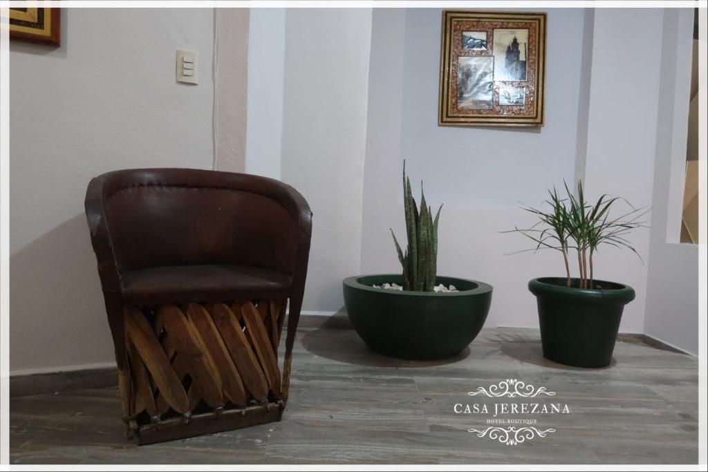 a brown chair sitting next to two potted plants at Casa Jerezana Hotel Boutique in Jerez de García Salinas