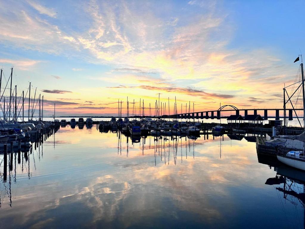 a marina with boats in the water at sunset at Private Apartment Skudehaven in Rudkøbing
