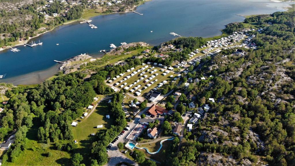 an aerial view of a resort on a lake at Trellebystrands Camping in Lysekil