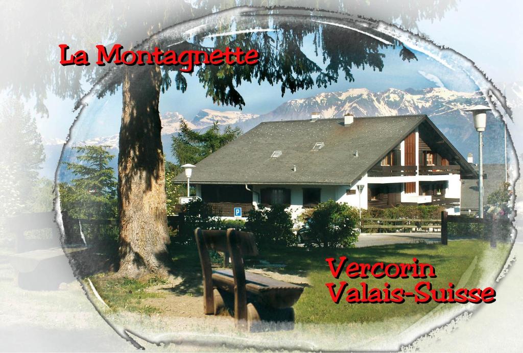 a picture of a house with a tree and a bench at La Montagnette, VERCORIN in Vercorin