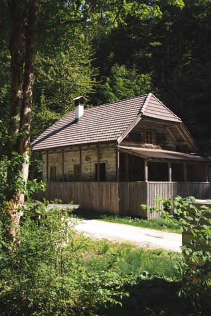 an old house in the middle of a forest at Leislinghütte in Bad Goisern