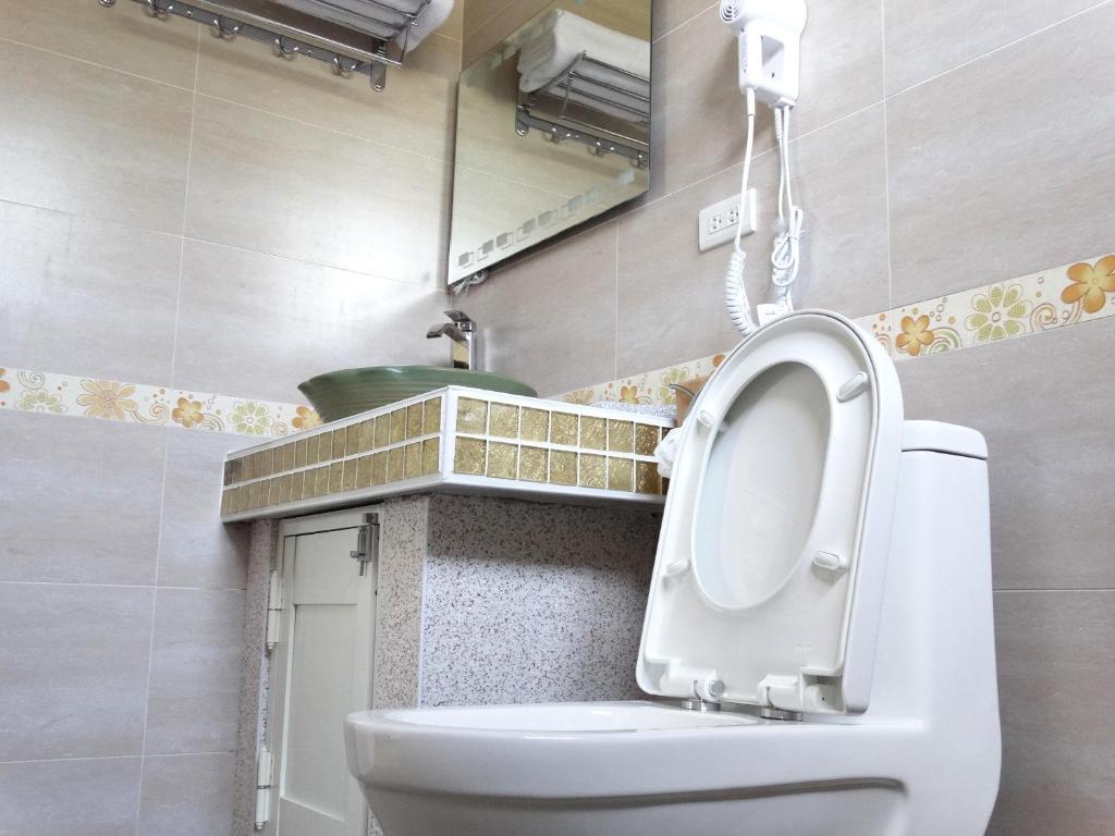 a bathroom with a toilet with a mirror above it at Ikegami Dapo Moutain Bed and Breakfast in Chishang