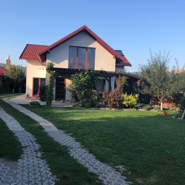 a house with a stone path leading to a house at Casa Cu Lavandă in Valea Drăganului