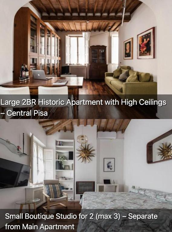 ein Wohnzimmer mit einem großen, historischen Apartment mit hohen Decken in der Unterkunft Spacious 2BR Apartment for Families Central & Quiet Pisa in Pisa