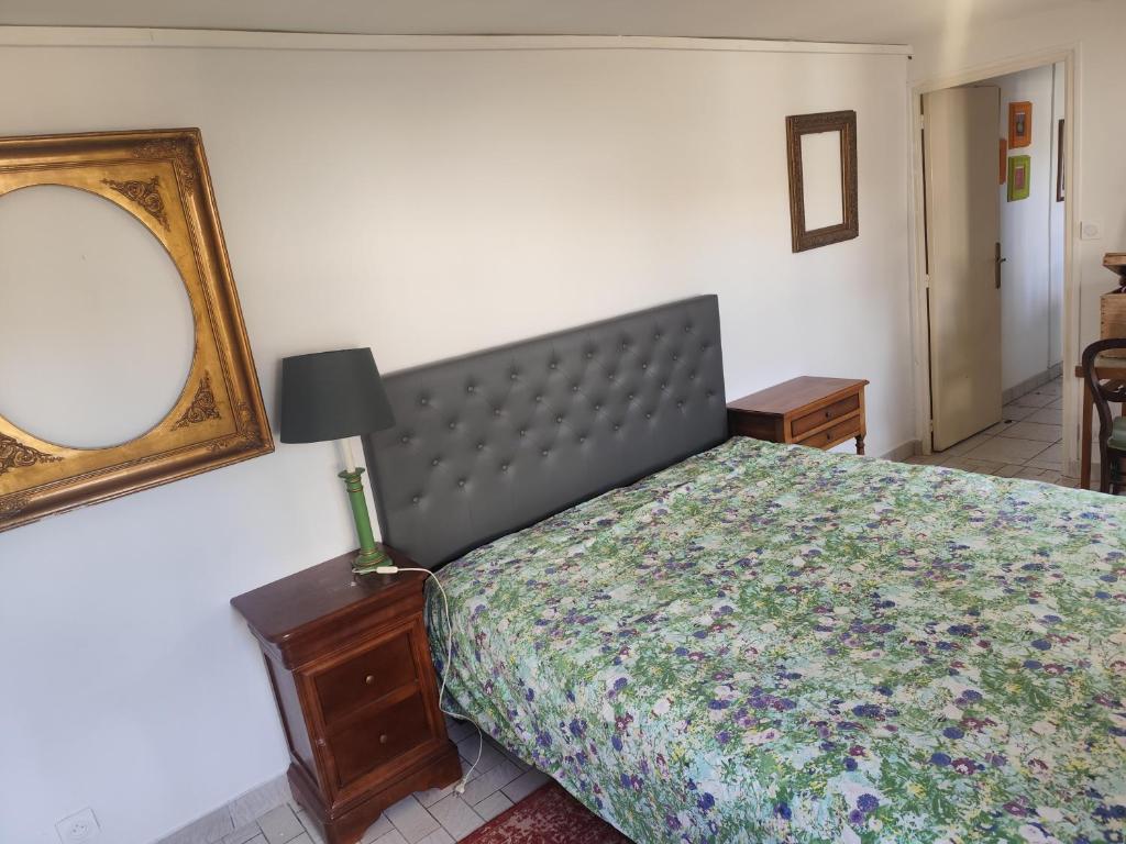 a bedroom with a bed and a mirror on the wall at Tableaux in Château-Renault