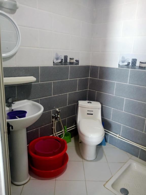 a bathroom with a toilet and a sink at Location près de la plage in Tichi