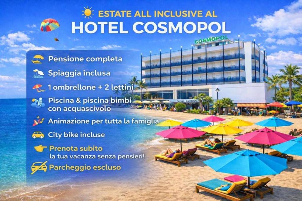 a flyer for a hotel on a beach with umbrellas at Hotel Cosmopol Cesenatico in Cesenatico