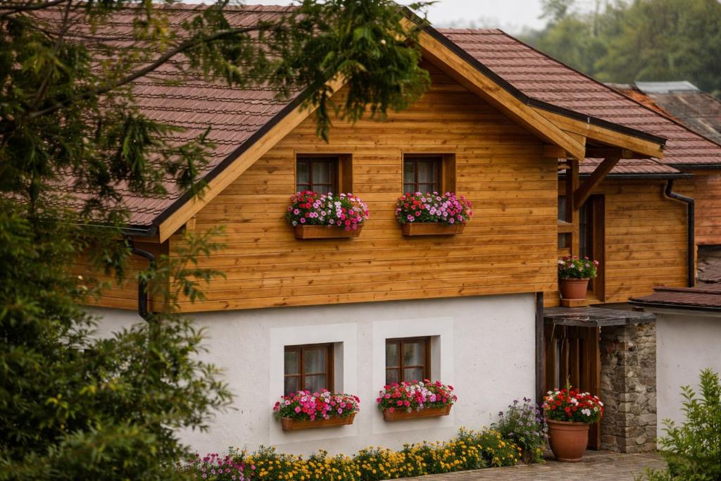 a house with flower boxes on the side of it at Apartmány Terra in Stará Lesná