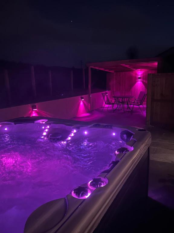 a swimming pool with purple lights in a house at Woodburn Lodges in Dumfries