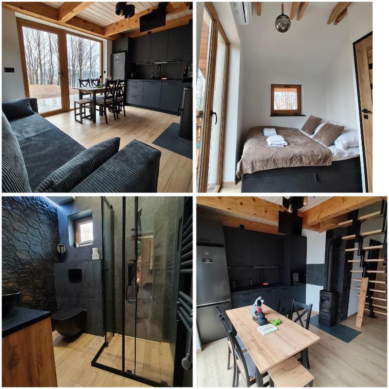 a collage of pictures of a room with a bed and a kitchen at Miejscówka Werlas in Werlas