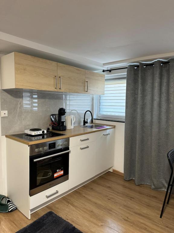 a small kitchen with a stove and a sink at Studio apartment in Karben