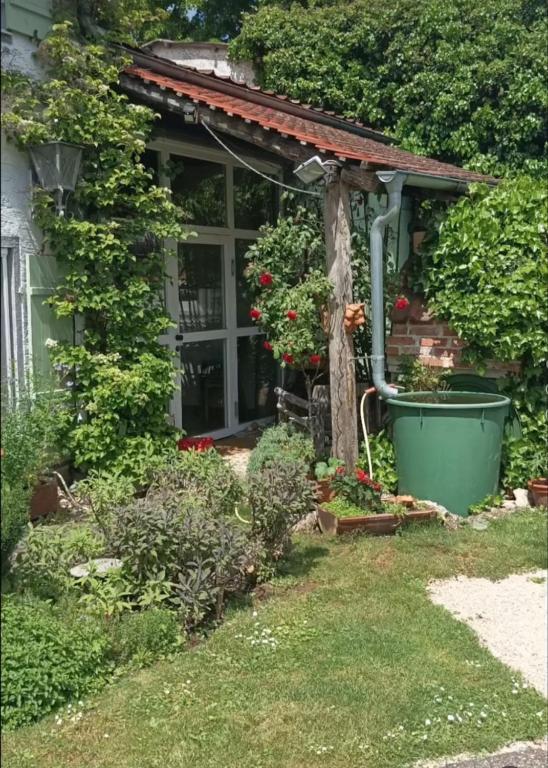 a garden in front of a house with a gazebo at Studio im Krater in Wallerstein