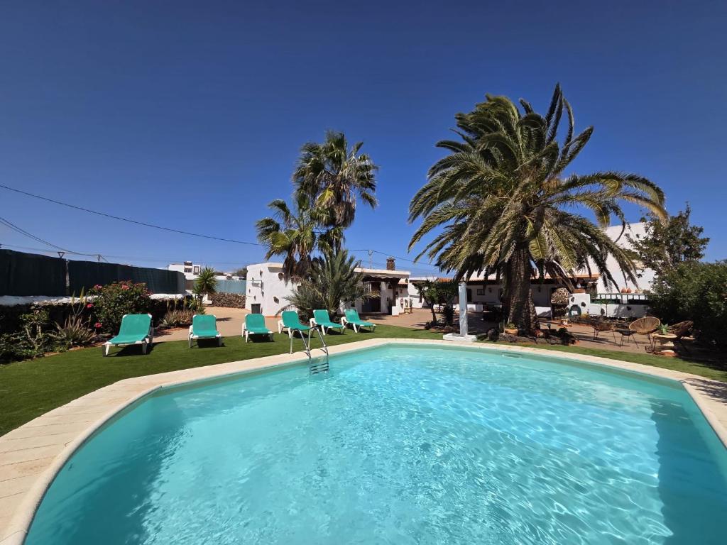 a large swimming pool with chairs and a palm tree at Villa Majorera para 13 Huéspedes y piscina privada in Villaverde