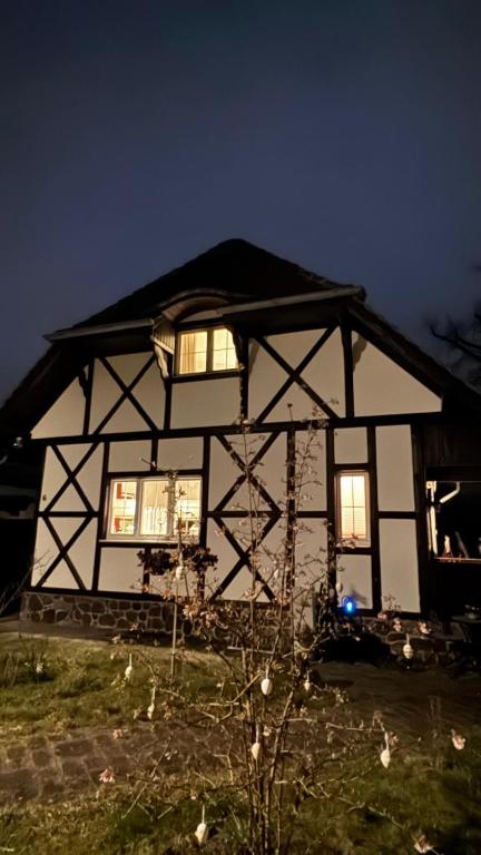 a black and white building with windows at night at Cottage - Kleine alte Villa am See in Bestensee