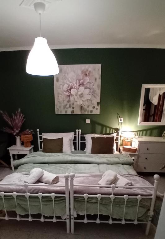 a bedroom with a bed with a green wall at Studio Despoina in Skala Kallonis