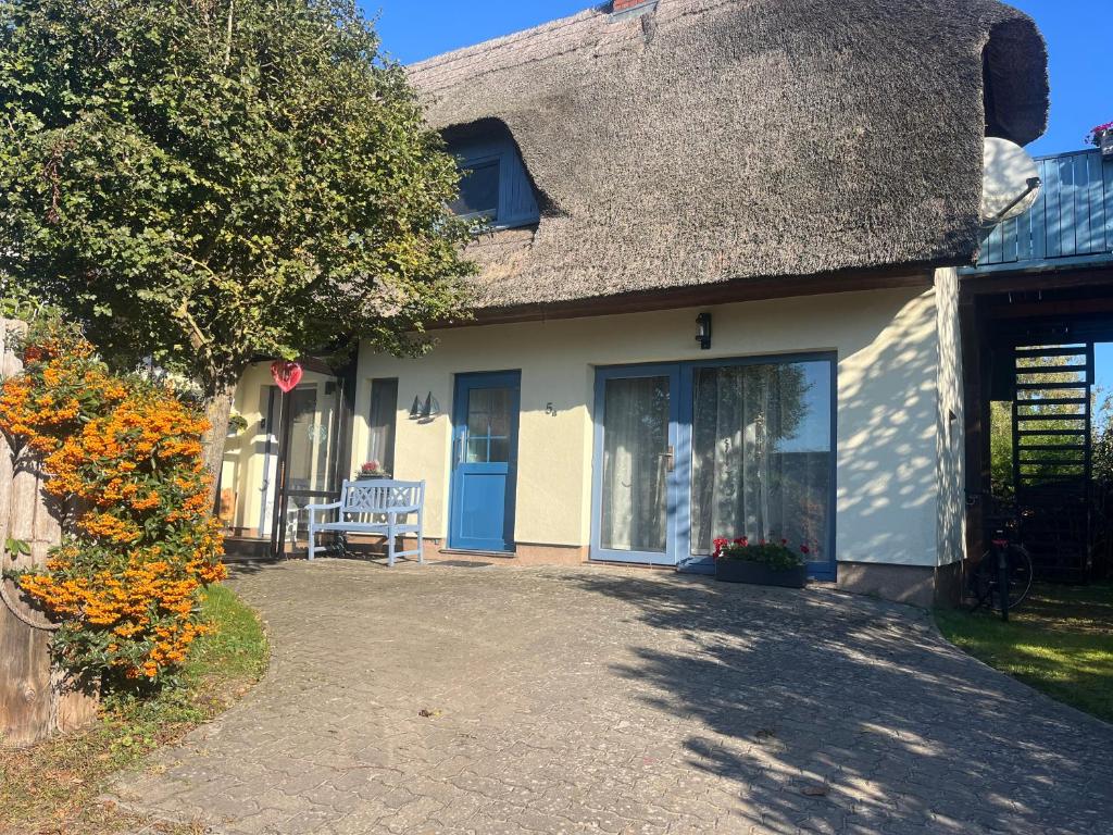 a white house with a blue door and a chair at Apartment Rotdornblüte in Wustrow
