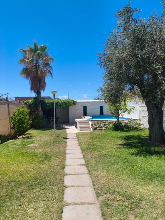 a walkway in a yard with a palm tree at La Oliva in San Martín