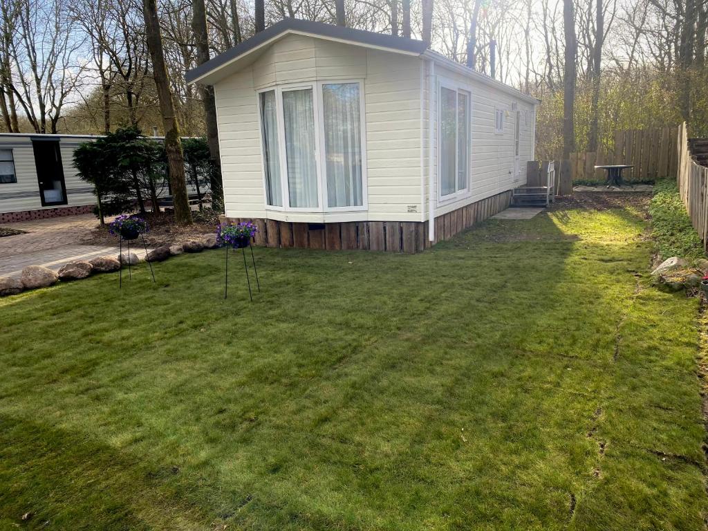 a yard with a small white house with a yard at Chalet de Hunestee in Schoonloo