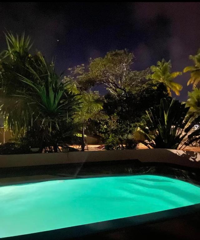 a green swimming pool with palm trees at night at Aconchego&Lazer in Piaçabuçu
