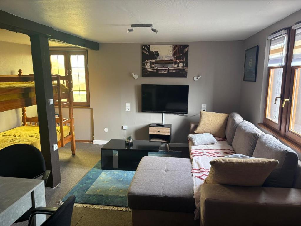 a living room with a couch and a flat screen tv at Appart familial in Kogenheim