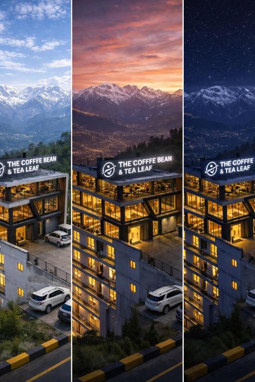 vier verschiedene Ansichten eines Hotels mit Parkplatz in der Unterkunft LMY Murree Boutique Apartments - Expressway Near Coffee Bean in Lower Topa