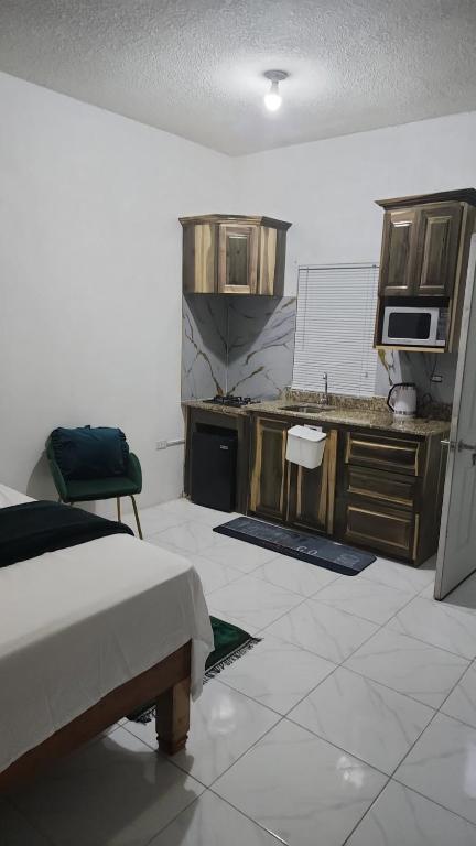 a room with a kitchen with a bed and a counter at Holiday festivity in St Mary