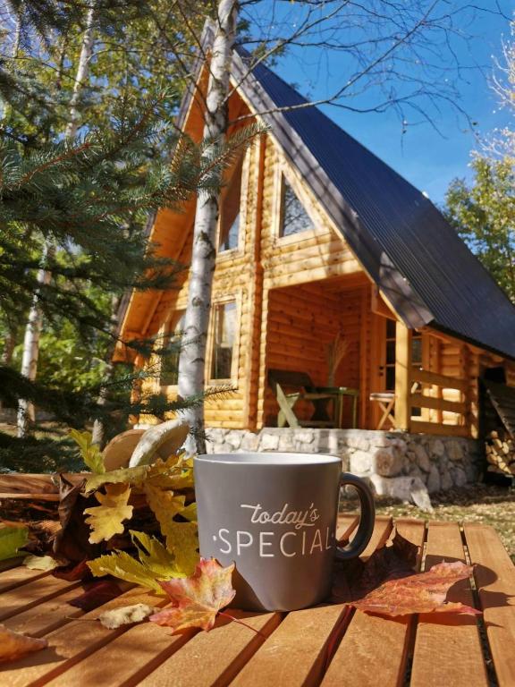 a cup of coffee sitting on a table in front of a log cabin at Forest Rhapsody Brezna in Plužine
