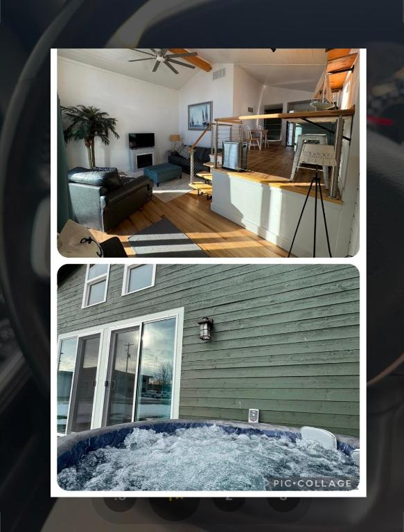 two pictures of a living room and a house at Cozy cabin by the lake in Spring Lake